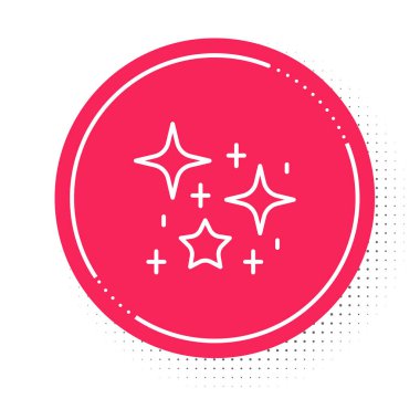 Beyaz çizgili ışıldayan yıldızların beyaz arka planda izole edilmiş sihirli simge simgeleri var. Sihirli noel süsü. Kırmızı daire düğmesi. Vektör.