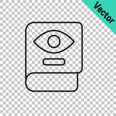 Simya tarifleri, mistik büyüler ve şeffaf arkaplanda izole edilmiş büyü simgeleriyle kara çizgi Kadim büyü kitabı. Vektör.