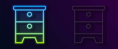 Parlayan neon hattı Mobilya komodininin simgesi siyah arkaplanda izole edildi. Vektör.