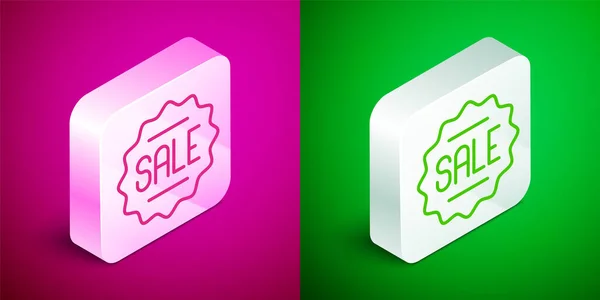 Isometric Line Price Tag Inscription Sale Icon Isolated Pink Green — Stockvector