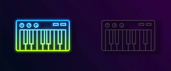Gloeiende Neon Lijn Muziek Synthesizer Pictogram Geïsoleerd Zwarte Achtergrond Elektronische — Stockvector