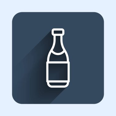 Beyaz çizgi şampanya şişesi ikonu uzun gölge arkaplan izole. Mutlu Noeller ve mutlu yıllar. Mavi kare düğme. Vektör.