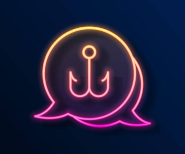 Parlayan neon hattı. Balıkçı kancası simgesi siyah arkaplanda izole edildi. Balık oltası. Vektör.