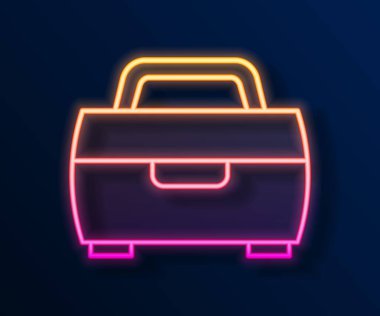 Parlayan neon hattı kabı ya da sallanan kutu kutusu ve siyah arka planda izole edilmiş balıkçılık ekipmanları ikonu. Balık oltası. Vektör.