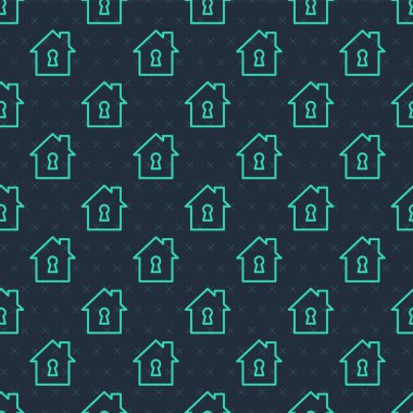Yeşil Hat Evi koruma ikonu altında mavi arka planda izole edilmiş pürüzsüz desen. Ev ve kalkan. Koruma, güvenlik, güvenlik, koruma, savunma konsepti. Vektör.