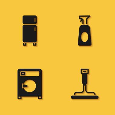 Set Refrigerator Rubber cleaner for windows Washer and Cleaning spray with detergent icon with long shadow. Vector.