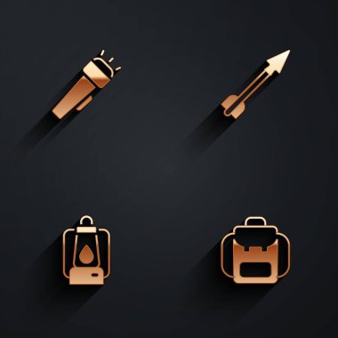 Flashlight Ortaçağ ok Kamp feneri ve uzun gölgeli Yürüyüş sırt çantası simgesini ayarla. Vektör.