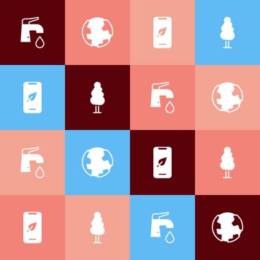 Pop Art Water musluğu Dünya 'nın cep telefonunu yaprak ve ağaç simgesi ile ayarla. Vektör.