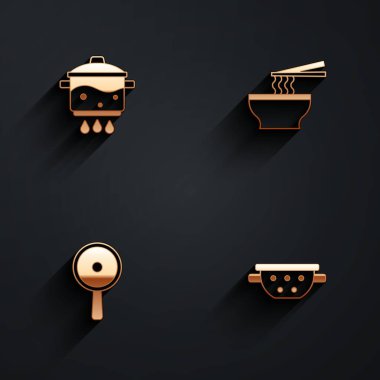 Asya eriştesi kızartma kabını ateşe verin ve uzun gölgeli mutfak süzgeci ikonu. Vektör.