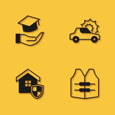 Eğitim Bursu Can Yelekleri Evi 'ni rozetli ve araç sigortası ikonu uzun gölgeli ayarla. Vektör.