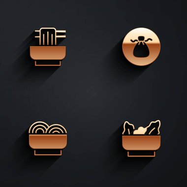 Wonton kasesine Asya eriştesi ve uzun gölgeli bir ikon koyun. Vektör.