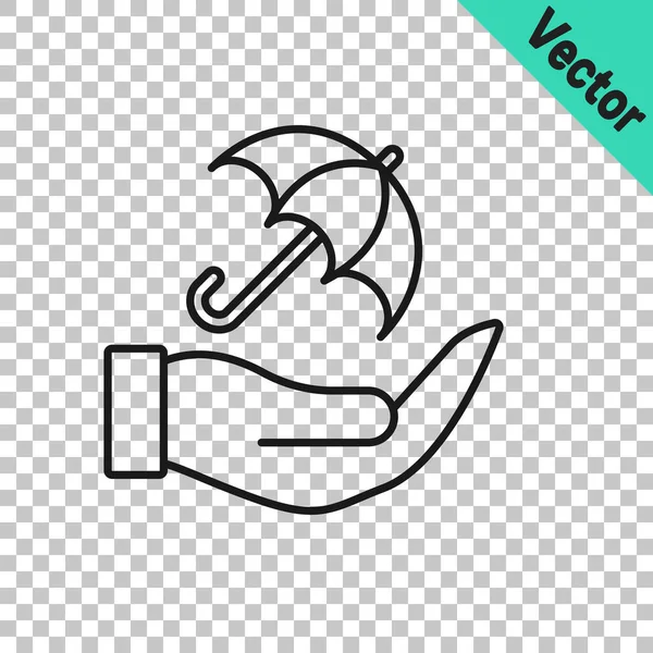 Black Line Umbrella Hand Icon Isolated Transparent Background Insurance Concept — Vetor de Stock