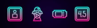 Set hattı Play Video Science kurgu sinema bileti ve Rating filmi. Parlayan neon ikonu. Vektör.