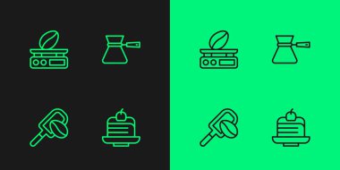 Kek dilimini kahve tanecikli ve kahve tanecikli Spatula ve Türk kahvesi ikonu ile ayarla. Vektör.