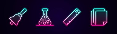 Satır Çanı Deneme Tüpü Cetveli ve Dosya belgesi ayarla. Parlayan neon ikonu. Vektör.