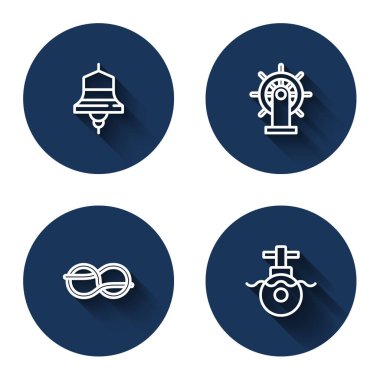 Gemi çan direksiyonu, uzun gölgeli denizaltı halat düğümleri ayarlayın. Mavi daire düğmesi. Vektör.