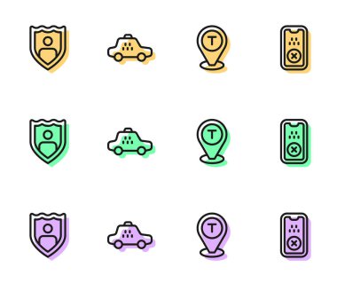 Kalkan Taksi ve mobil uygulama ikonu ile birlikte hat konumu taksi hayat sigortası ayarla. Vektör.