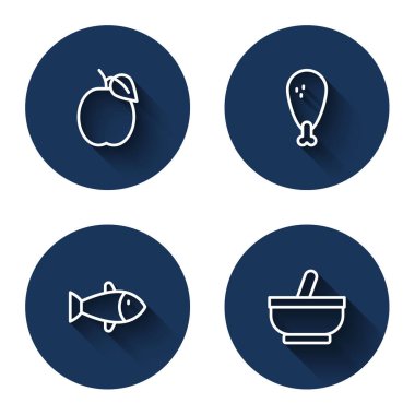 Set line Plum fruit Chicken leg Fish and Mortar and pestle with long shadow. Blue circle button. Vector.