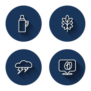 Termos konteynırı Yaprak Bulutu 'nu, şimşeği ve uzun gölgeli yaprağı hizaya getir. Mavi daire düğmesi. Vektör.