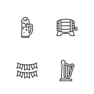 Şerit Harp Karnaval çelengi. Bayraklar, bira bardakları ve tahta variller. Vektör.