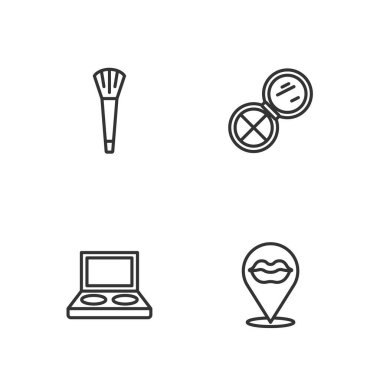 Gülümseyen dudaklar, makyaj malzemesi ve pudra aynası ikonu ile göz farı paletini ayarla. Vektör.