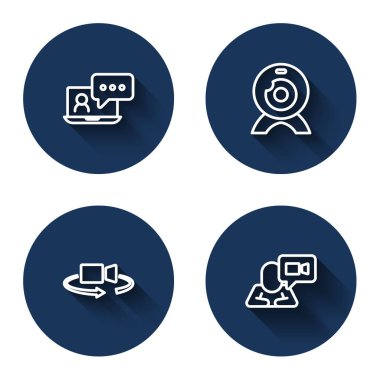 Görüntülü sohbet konferansı web kamerasını 360 derece ve uzun gölgeli ayarla. Mavi daire düğmesi. Vektör.