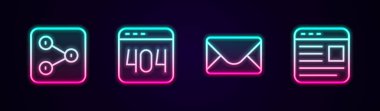 Satır Paylaşım Sayfasını 404 hata posta, e-posta ve reklamcılıkla ayarla. Parlayan neon ikonu. Vektör.