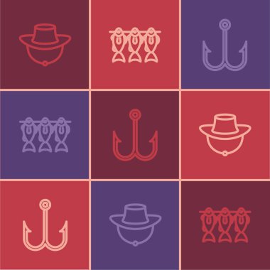 Balıkçı şapkası, olta ve kurutulmuş balık ikonu. Vektör.