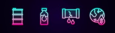 Set line Barrel oil Oil petrol test tube Broken pipe with valve and drop dollar symbol. Glowing neon icon. Vector.