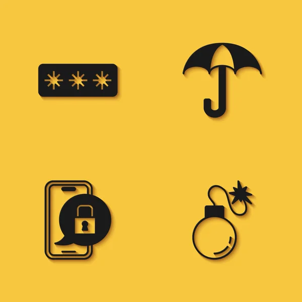 Set Password Protection Bomb Mobile Closed Padlock Umbrella Icon Long — Stockvektor
