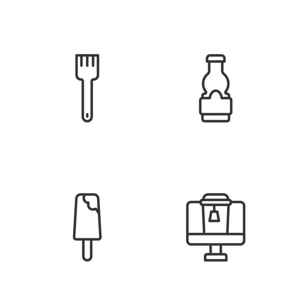 Встановити Лінію Онлайн Замовлення Їжі Морозиво Вилка Значок Пляшки Соусу — стоковий вектор