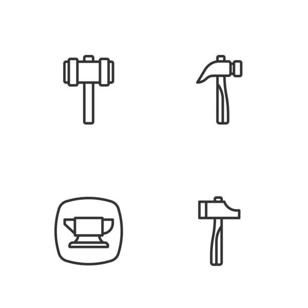Set Line Hammer Blacksmith Anvil Tool Sledgehammer Icon Vector — Stockový vektor
