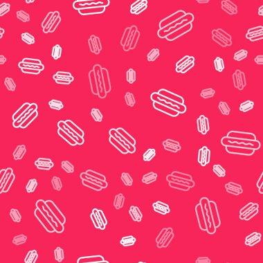 White line Hotdog sandwich icon isolated seamless pattern on red background. Sausage icon. Fast food sign. Vector.