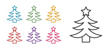 Beyaz arkaplanda izole edilmiş bir Noel ağacı simgesi belirle. Mutlu Noeller ve mutlu yıllar. Simgeleri renklendirin. Vektör.