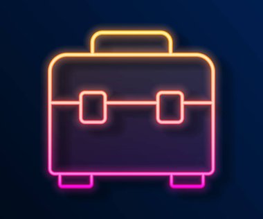 Parlayan neon çizgisi araç kutusu simgesi siyah arkaplanda izole edildi. Alet kutusu tabelası. Vektör.