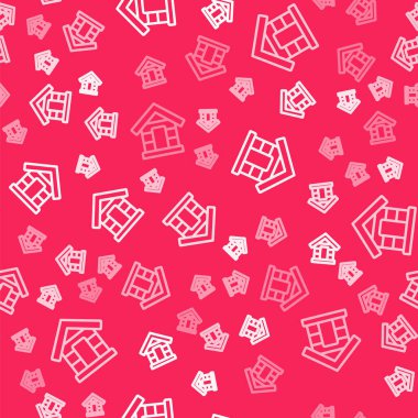 White line Dog house icon isolated seamless pattern on red background. Dog kennel. Vector.