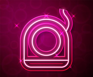 Parlayan neon çizgisi diş ipi simgesi kırmızı arkaplanda izole edildi. Vektör.