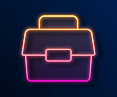 Parlayan neon hattı kabı ya da sallanan kutu kutusu ve siyah arka planda izole edilmiş balıkçılık ekipmanları ikonu. Balık oltası. Vektör.