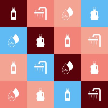 Bir şişe su, bir şişe duş suyu ve temiz ikonla büyük bir şişe hazırla. Vektör.