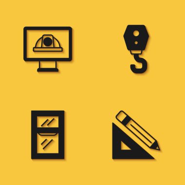 İşçi kaskı üçgen cetvel ve kalem penceresini odaya ve uzun gölgeli turna kancası ikonunu ayarla. Vektör.