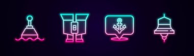 Yüzen şamandıra dürbünü ve gemi zilini ayarla. Parlayan neon ikonu. Vektör.