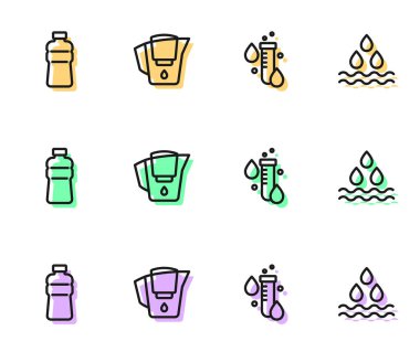 Test tüpünü su damlası şişesi filtresi ve simgeyle ayarla. Vektör.