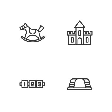 Çizgiyi Maymun Eğitimi Mantık Oyunu Atı eyer salıncağında ve Kum Kalesi ikonunda ayarla. Vektör.