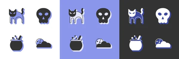 Set Moon Stars Black Cat Halloween Witch Cauldron Skull Icon — Wektor stockowy