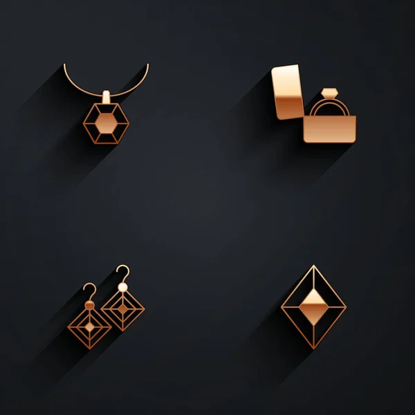 Set Anhänger Halskette Diamant Verlobungsring Box Ohrringe Und Edelstein Symbol — Stockvektor