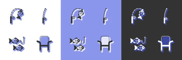 Set Camping Folding Chair Fishing Rod Fish Hook Icon Vector —  Vetores de Stock