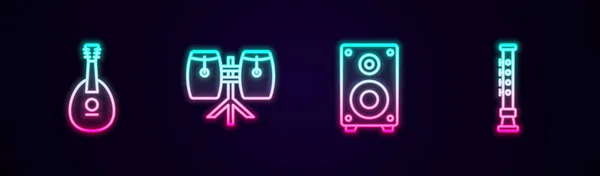 Set Line Mandolin Conga Drums Stereo Speaker Flute Glowing Neon — Vector de stock