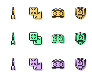 Satranç Zamanı Satranç Saati Dart Ok Oyunu zarları ve Satranç simgesi. Vektör.