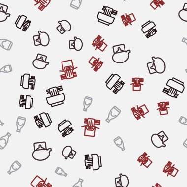 Geleneksel çay seremonisine Asya eriştesi koyun. Soya sosu şişesi ve karton kutu. Kusursuz desenli. Vektör.