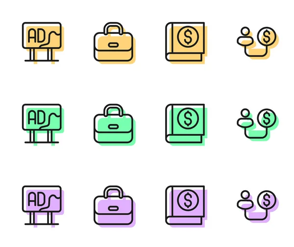 Set Line Financial Book Advertising Briefcase Human Money Icon Vector — Archivo Imágenes Vectoriales